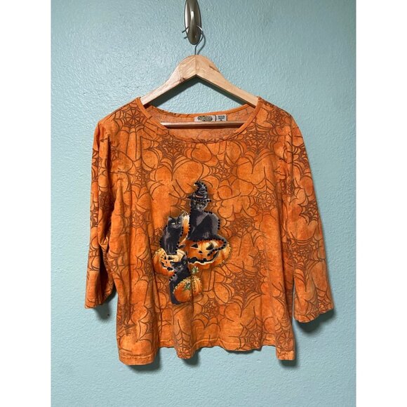 Collections ETC Women's Orange and Black Sequin Black Cat Halloween Top Size XL - Picture 1 of 7